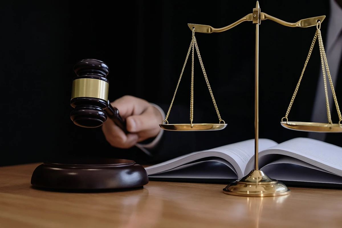 Balança da justiça e livro jurídico sobre uma mesa